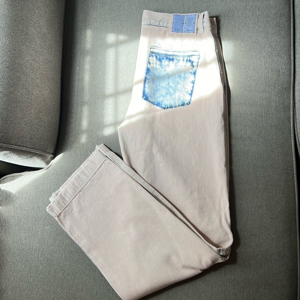 No.7 breathe by MCQ. Light pink denim with blue accents